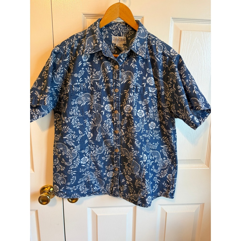Classic Blues by Wrangler Floral Denim Shirt Blue Cotton Short Sleeve Large